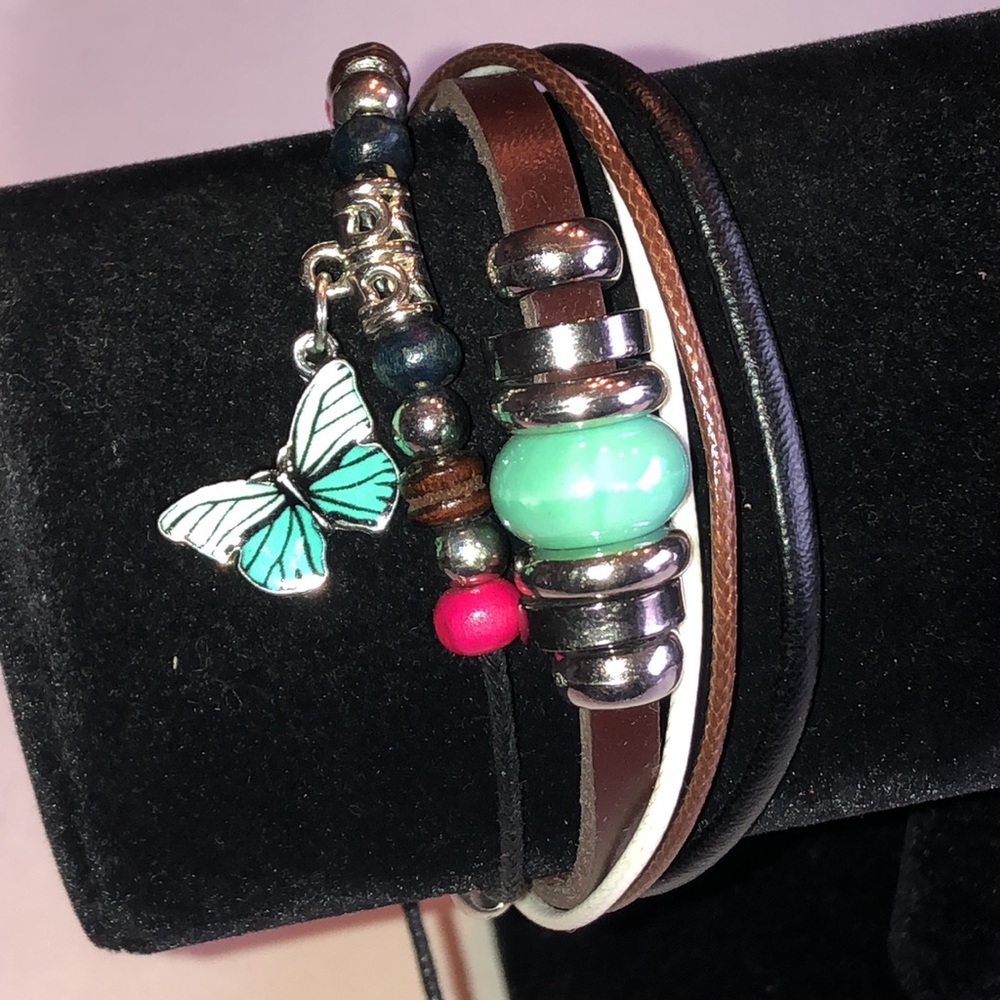 Multi-Strand Faux Leather Bracelet with Mint Butterfly Charm